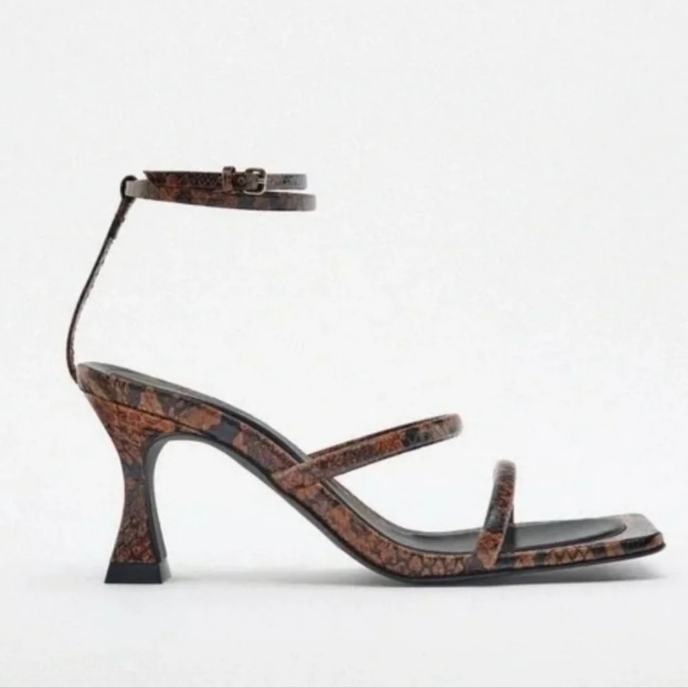 Zara Snake Print Double Strap Leather Sandal Heels - Picture 3 of 8